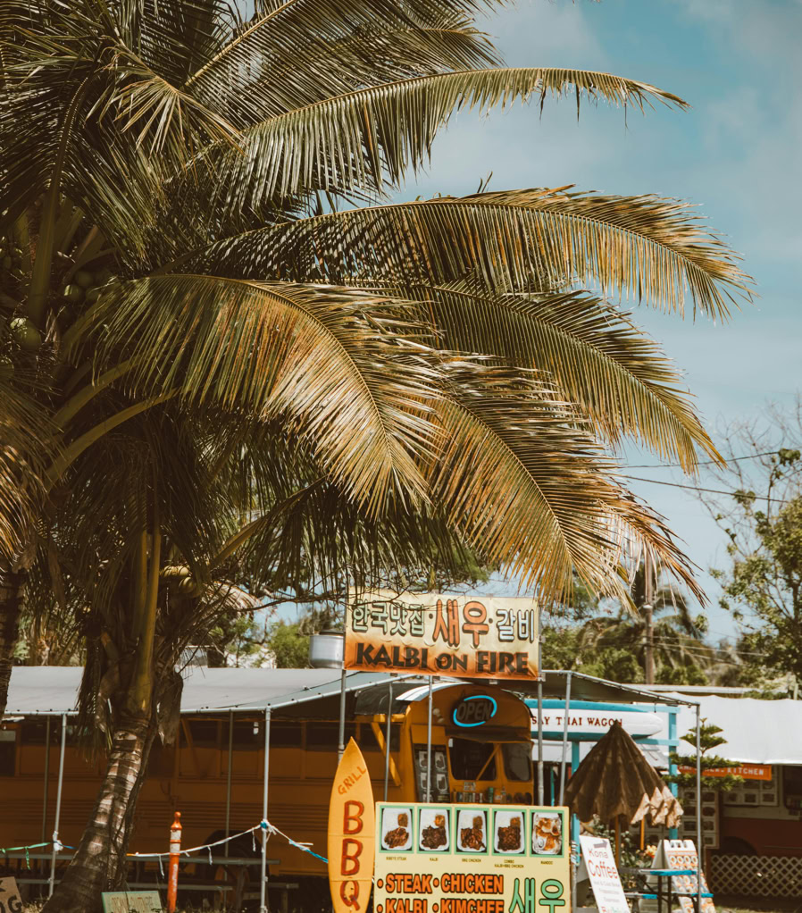 Street view of a vibrant food truck serving Korean BBQ in Honolulu under palm trees.